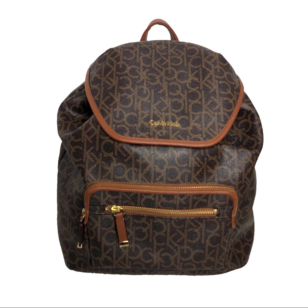 Calvin Klein Logo Backpack Faux Leather Brown